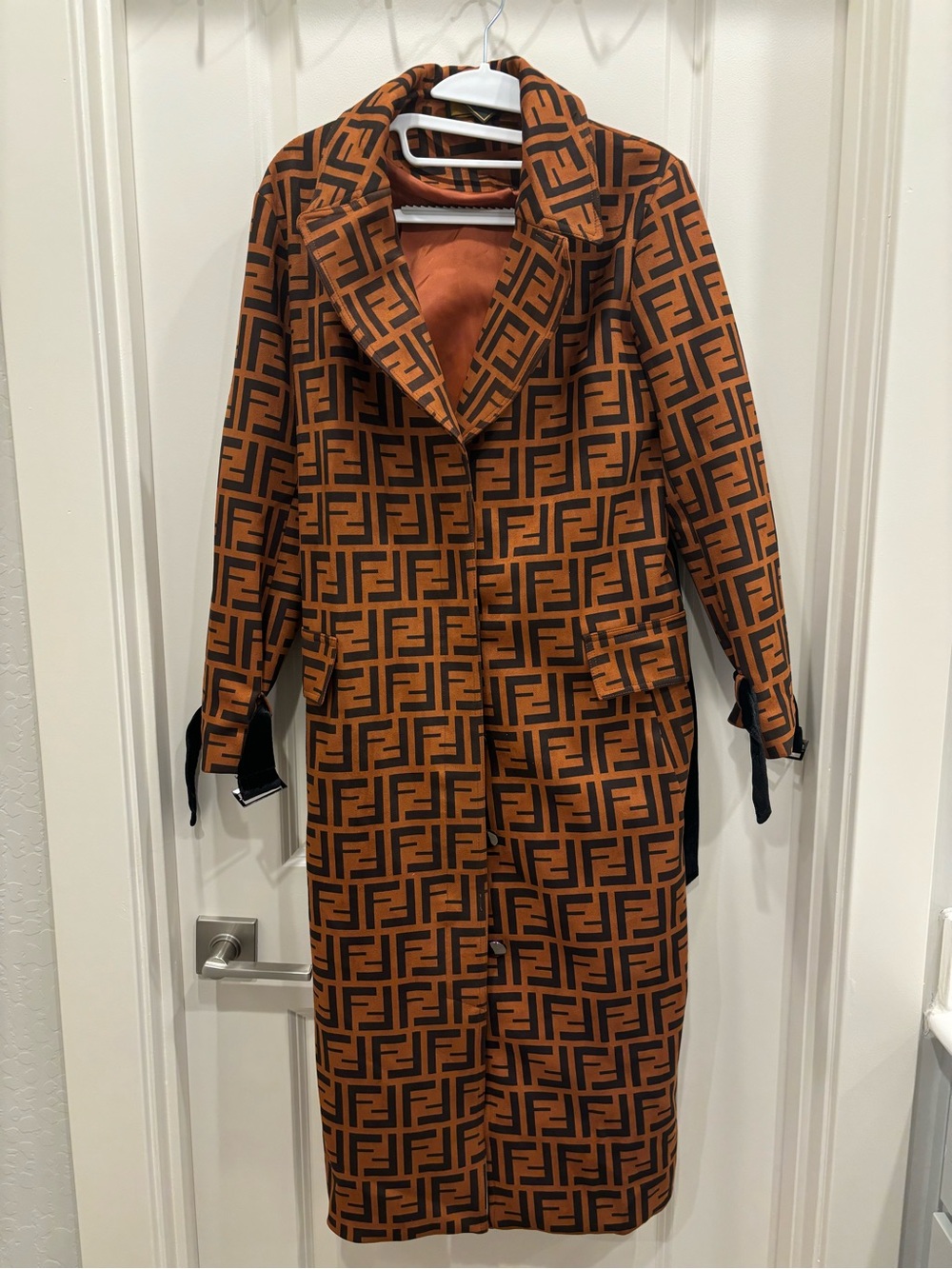 Geometric Pattern Orange & Black Long Trench Coat FF